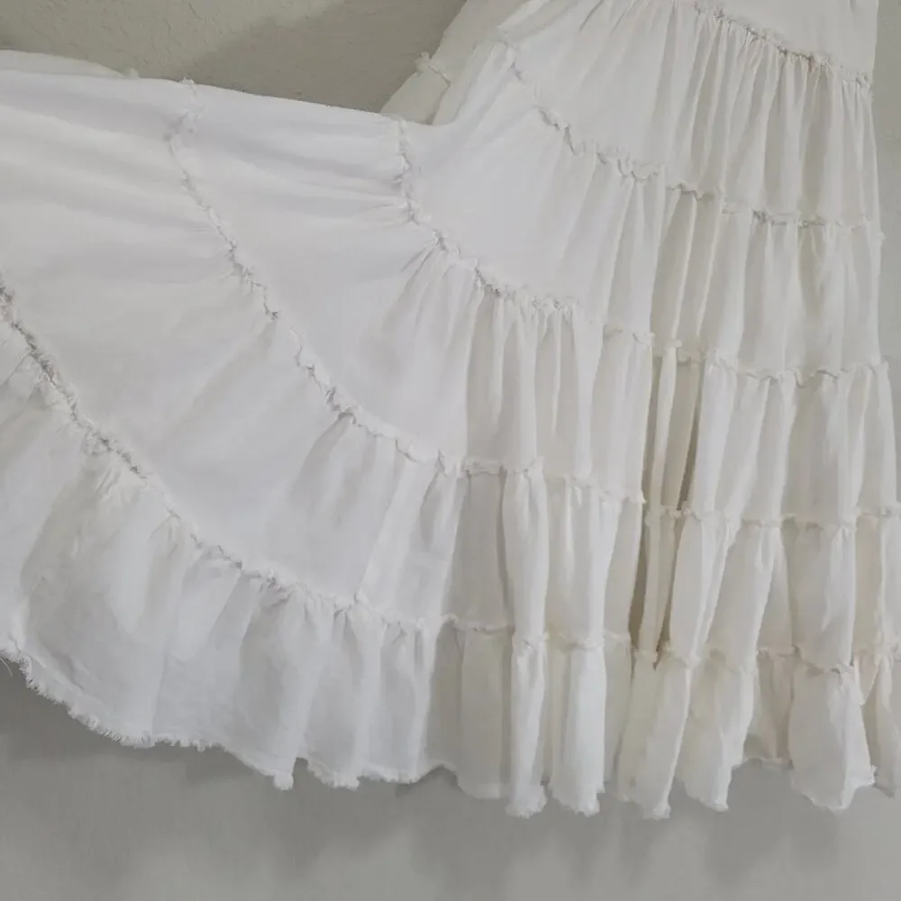 Ing White Tiered Cotton Skirt Size S Ruffle Boho Cottagecore Midi Below Knee - Picture 7 of 12